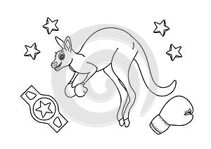 Children coloring book page kangaroo boxing star illustration