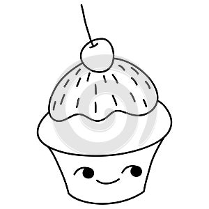 A children coloring book,page a kawaii cupcake image for relaxing.Line art style illustration for print