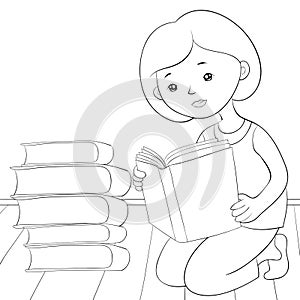 A children coloring book,page a reading girl image for relaxing.Line art style illustration for print