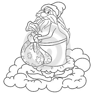 A children coloring book,page a Santa Klaus on the cloud  image for relaxing.Line art style illustration for print