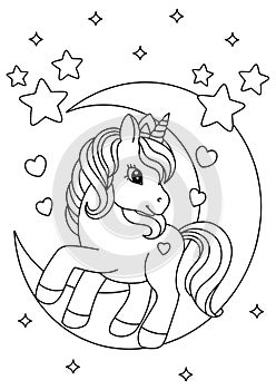 Children coloring book page unicorn moon star hand draw illustration