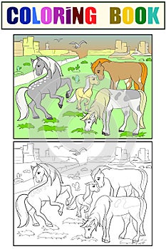 Children coloring cartoon horses grazing on meadow vector