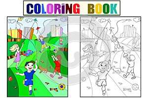 Children coloring, color, black and white game kite flying