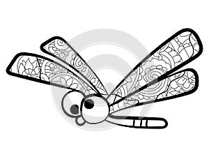 Children coloring, dragonfly with patterns. Black and white snowflake. Cartoon raster