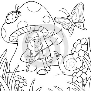 Children coloring, gnome sees under mushroom and communicates with insects and slugs. Black lines, white background.