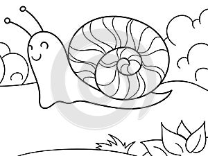 Children coloring, slug. Snail in the nature. Vector