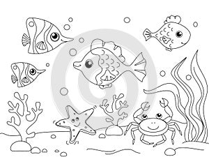 Children coloring. The underwater world, the bottom of the ocean. Sea inhabitants, fish. Vector