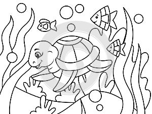 Children coloring, underwater world. Turtle swims among algae and fish. Raster illustration, coloring book.