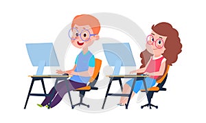 Children and computer science. Informatics lesson, cartoon boy girl at desks with monitors. Kids learn coding vector