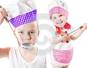 Children cook boy and girl wearing a chef hat with pan isolated on white background.