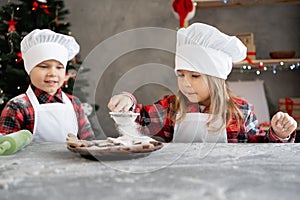Children cooking Christmas gingerbread. Brother and sister decorate the biscuits with powdered sugar at home. baker girl