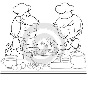 Children cooking in the kitchen at home. Kids with cooking hats baking a cake. Vector black and white coloring page.