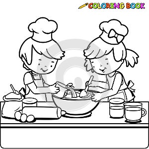Children cooking in the kitchen. Vector black and white coloring book page