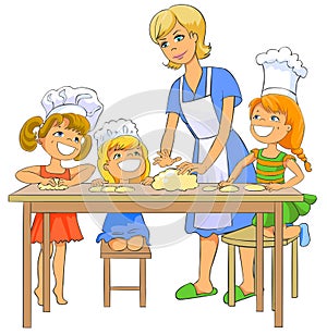 Children cooking patty with mom.