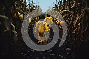 Children In Costumes Explore Eerie Corn Maze Guided By Jackolanterns