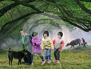 Children crossing farm field, China countryside