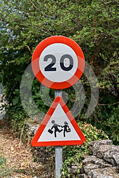 Children Crossing speed limit warning road sign