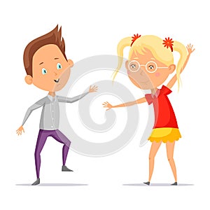 Children dancing or cartoon boy with girl moving