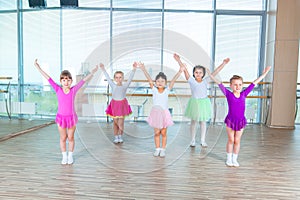 Children dancing in choreography class. happy children dancing on in hall, healthy life, kid`s togethern dance kid class