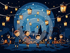 Children Dancing With Lanterns Under A Moonlit Sky