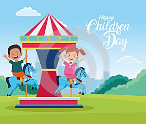 Children day celebration with kids playing in carousel