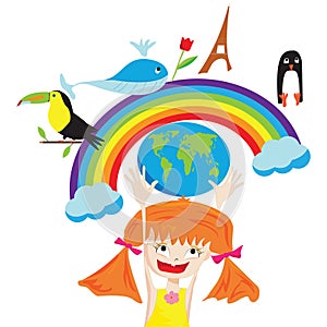 Children day design with cute girl holding the planet over her head [Converted