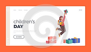 Children Day Landing Page Template. Happy Boy Jumping with Gift in Hands, Joyful Kid Got Present for Birthday or Holiday
