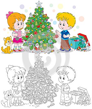 Children decorate Christmas tree