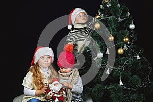 Children decorate the Christmas tree in the room.