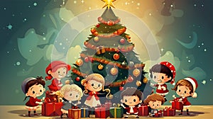 Children decorated Christmas trees with lights, ornaments and presents illustrate by Generative AI