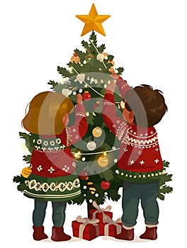 Children decorating Christmas tree together photo
