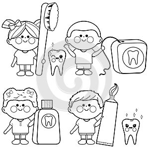 Children dental hygiene collection. Vector black and white coloring page.