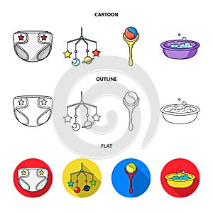 Children diapers, a toy over the crib, a rattle, a children bath. Baby born set collection icons in cartoon,outline,flat