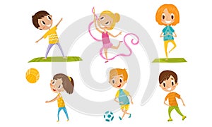 Children With Different Kind Of Physical Activities Concept Vector Illustration Set