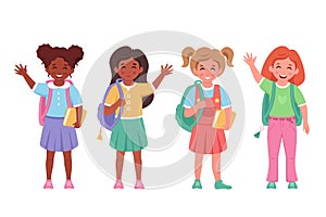 Children of different nationalities with backpack and books. Kids going to school. Elementary school students. Vector