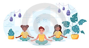 Children of different nationalities meditating in lotus pose. Gymnastic, yoga and meditation for children. Vector