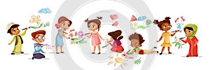 Children drawing with pencils vector illustration of different nationality cartoon boys and girls kids painting with photo