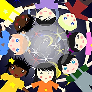 Children of different races in a circle on a background