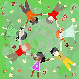 Children of different races are in a circle on meadow