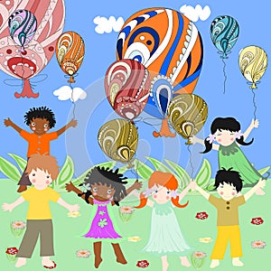 Children of different races are interesting and balloons