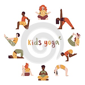 Children in different yoga poses in the circle. Kids yoga lettering. Vector illustration in flat style