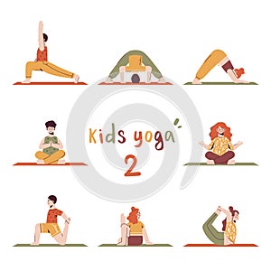 Children in different yoga poses on mat. Kids yoga lettering. Vector illustration in flat style. 2 of 4