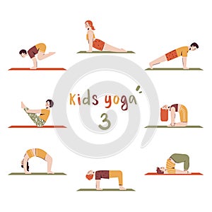 Children in different yoga poses on mat. Kids yoga lettering. Vector illustration in flat style. 3 of 4