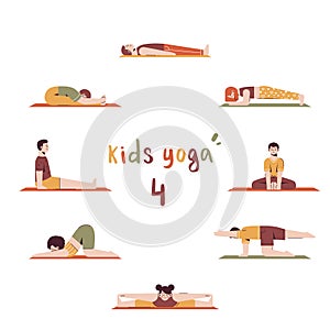 Children in different yoga poses on mat. Kids yoga lettering. Vector illustration in flat style. 4 of 4