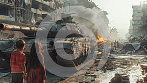 Children with dirty faces and shabby clothes watch a war scene, a tank is burning in the background. Fire and smoke, destroyed