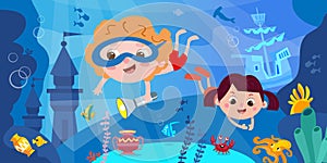 Children dive and swim with sea creatures underwater. Sea castle, sunken ship and treasure. Full color banner, modern