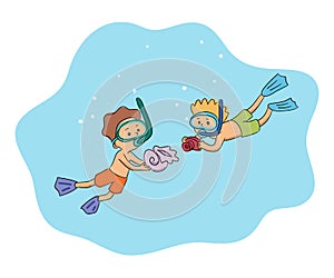 Children diving in ocean or sea and having fun