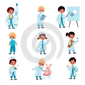Children doctors. Kids with medical dress and tools, hospital role-playing game, toy patients at reception of therapists