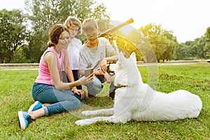 Children with dog on green grass rest in the park