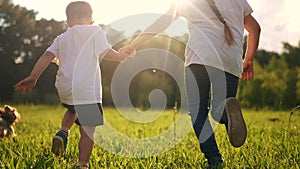 children and dog run. a boy and a girl holding hands run through the grass in the summer at sunset in the park. happy